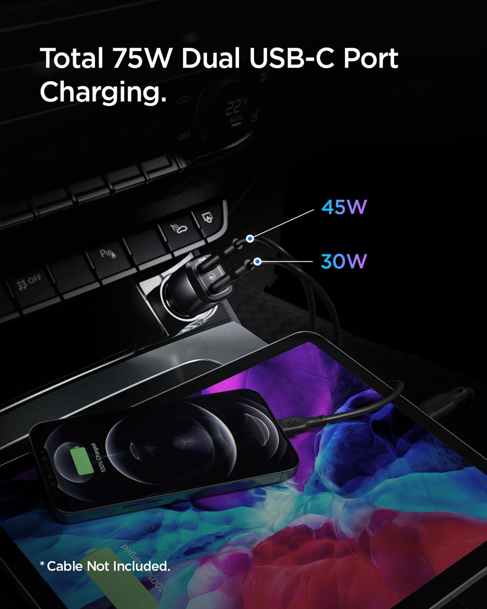 Spigen ArcStation™ Dual Port | 75W Usb-C Car Charger Black | WSHM-80672