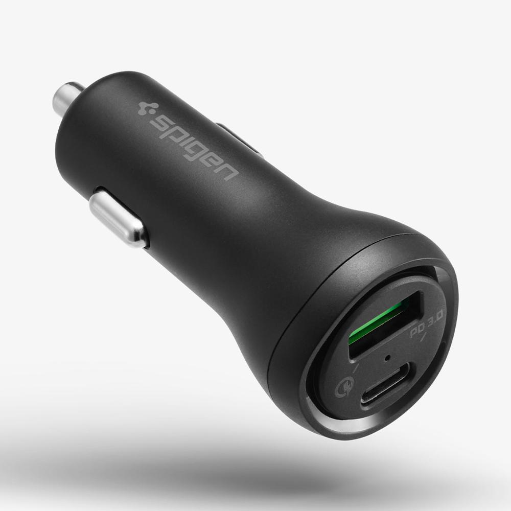 Spigen Essential® Dual Port | 27W Usb-C & Usb-A Car Charger Black | MNHD-65942